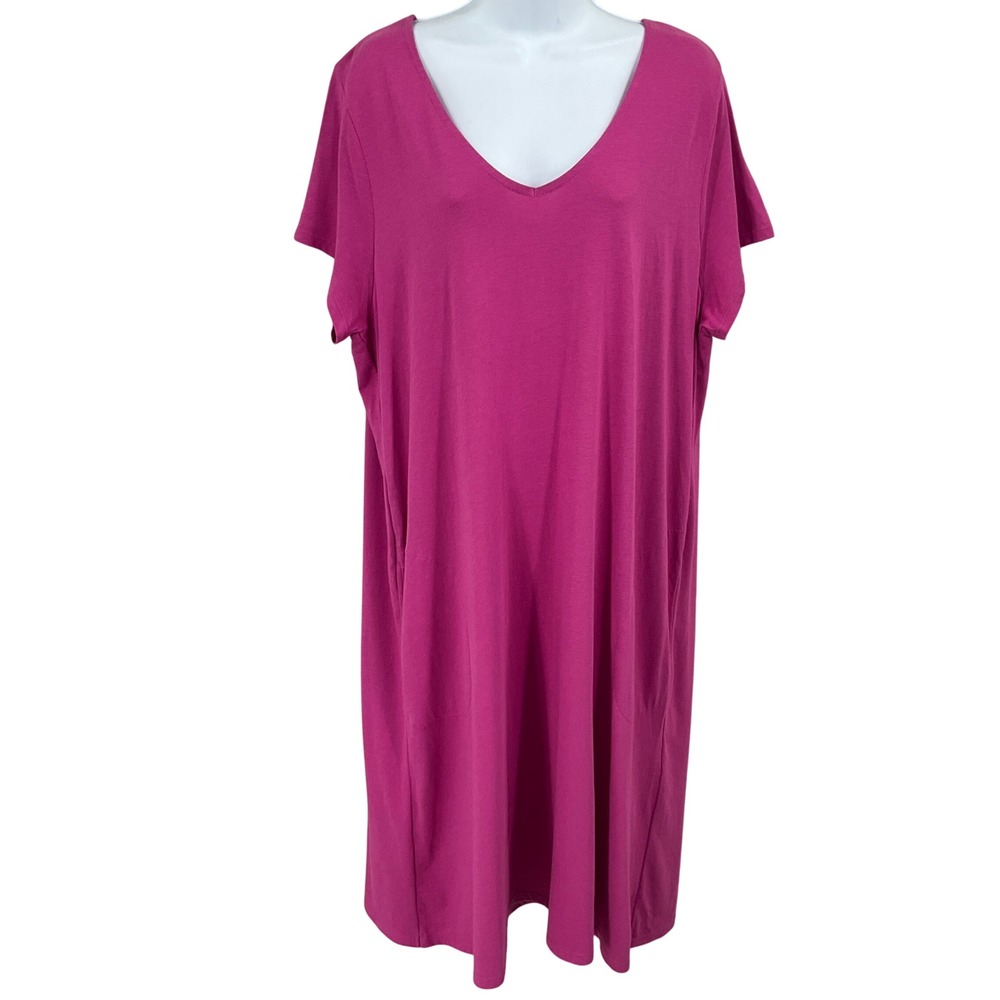 J.Jill T-Shirt Dress Sz XL Pink Cotton V-Neck Pocket Back Pleat Relaxed Travel